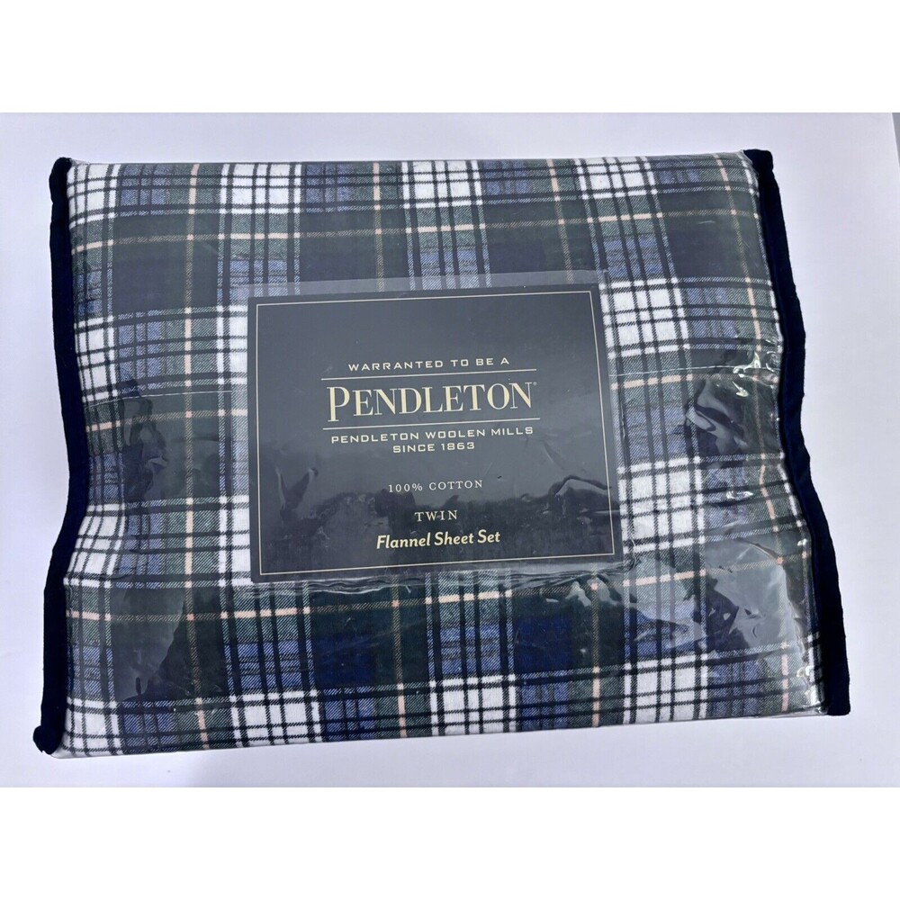 NEW Pendleton Seldon Plaid Flannel 3 Piece Sheet Set TWIN Navy Green White Set